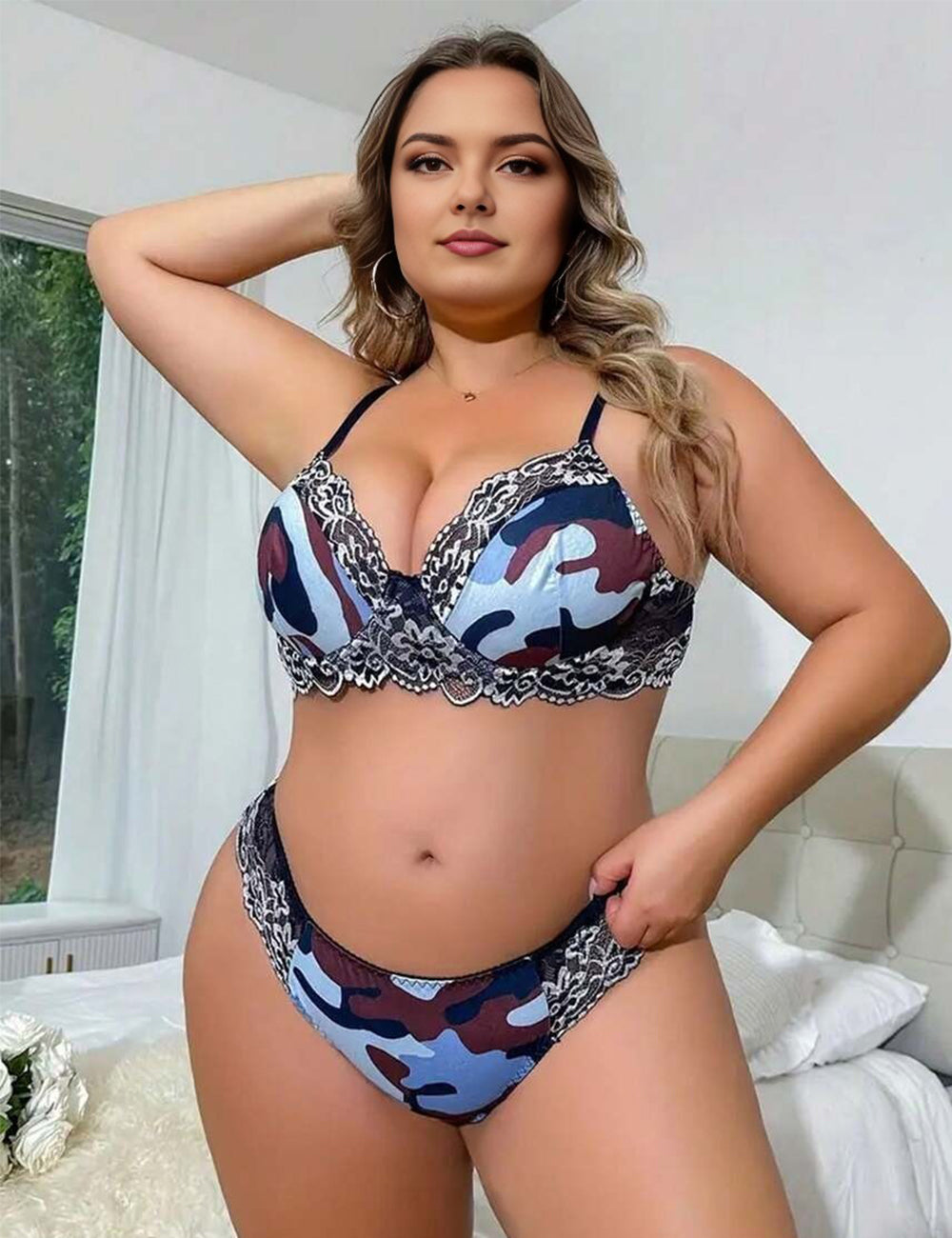 Women Plus Size Lace Camo Print Bra and Panties