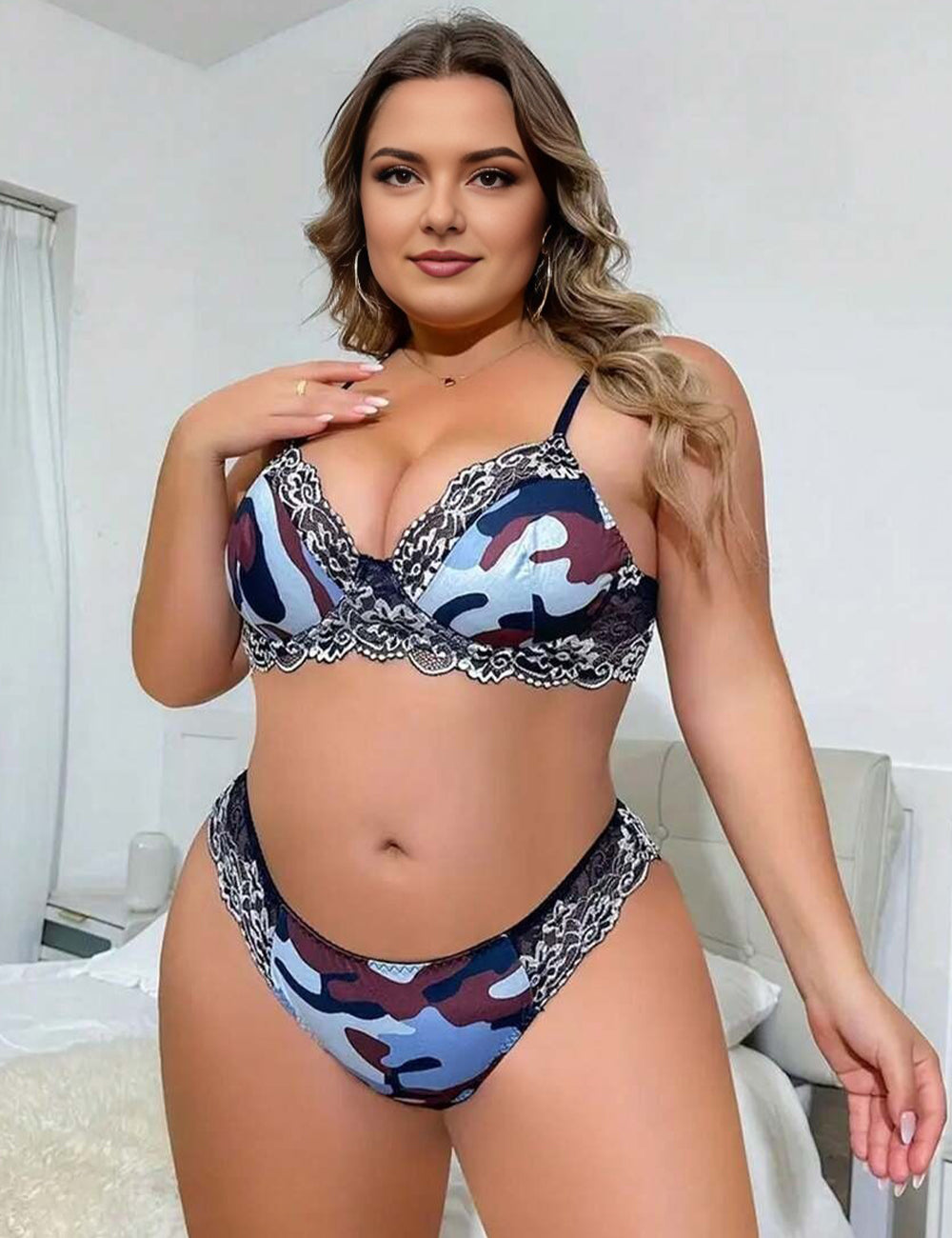 Women Plus Size Lace Camo Print Bra and Panties