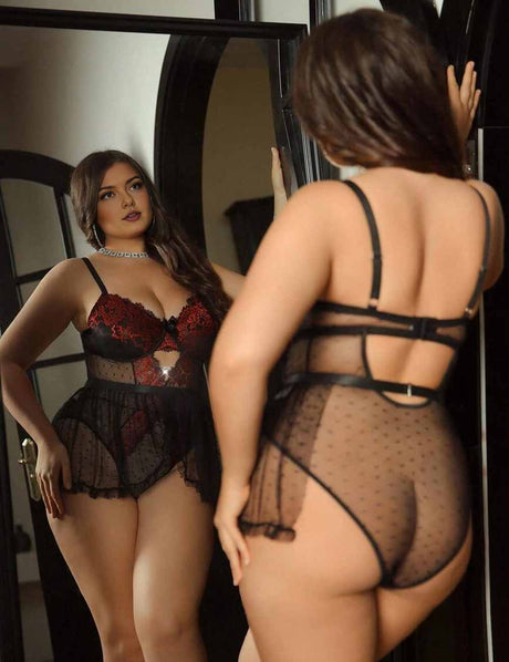Women Plus Size Lace Contrast Mesh Bodysuit with Mini Skirt