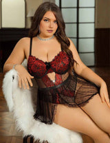 Women Plus Size Lace Contrast Mesh Bodysuit with Mini Skirt