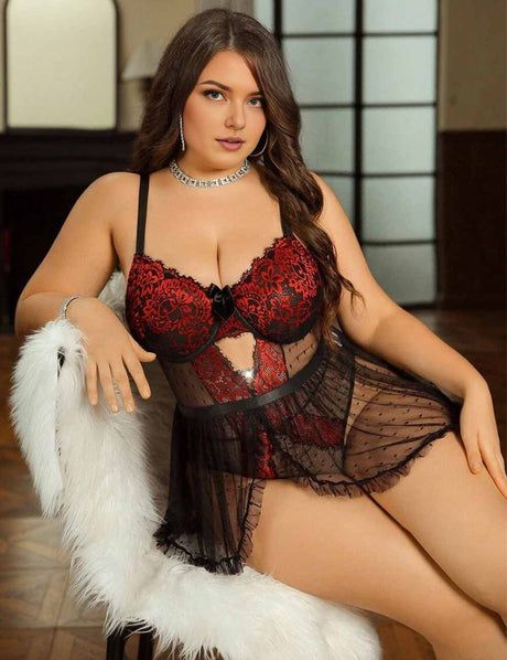 Women Plus Size Lace Contrast Mesh Bodysuit with Mini Skirt
