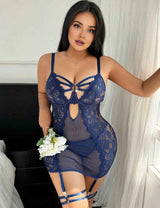Women Plus Size Lace Contrast Mesh Underwire Lingerie Dress