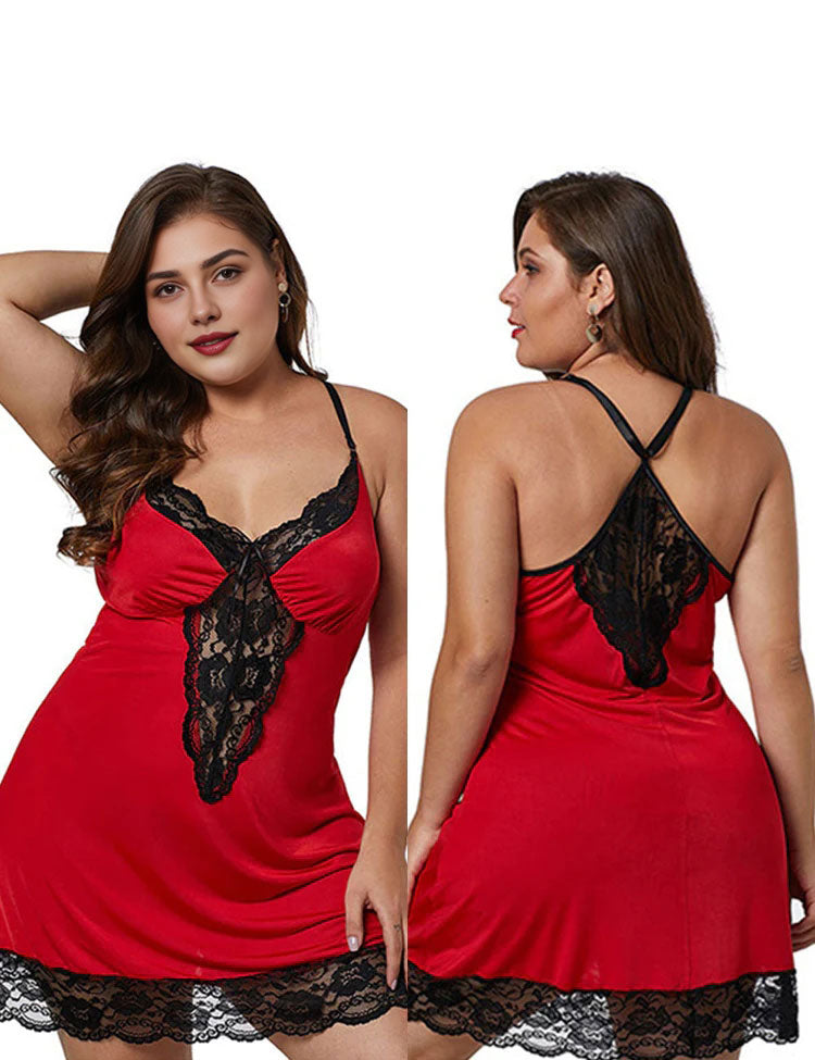 Women Plus Size Lace Modal Sleepwear V-Neck Full Slip Sleep Babydoll-4