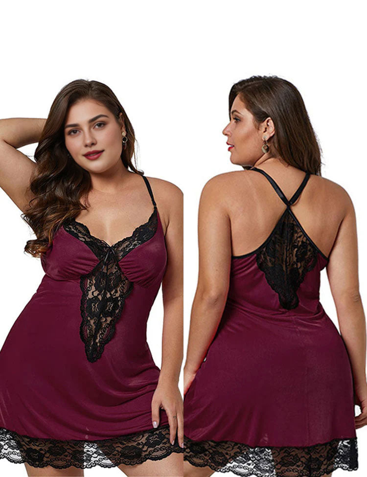 Women Plus Size Lace Modal Sleepwear V-Neck Full Slip Sleep Babydoll-7