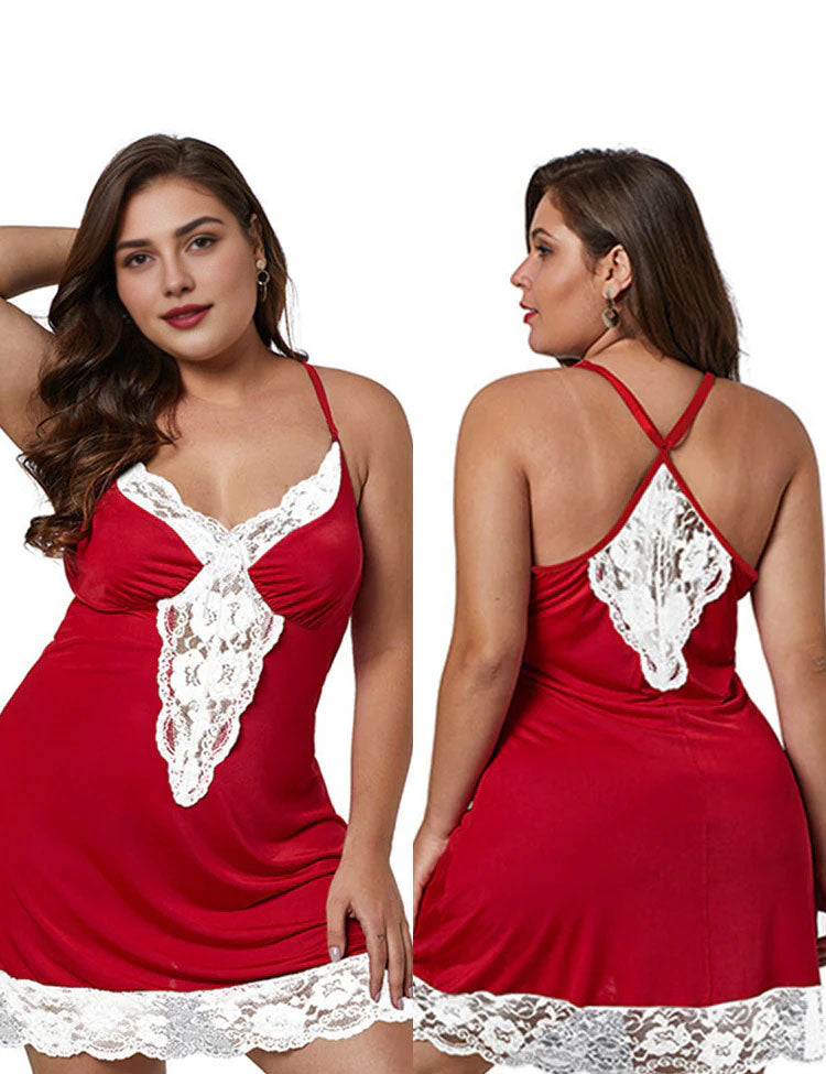 Women Plus Size Lace Modal Sleepwear V-Neck Full Slip Sleep Babydoll-8