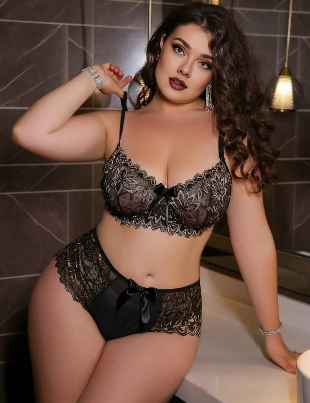 Women Plus Size Lace Patchwork Black Bra and Panty Sets
