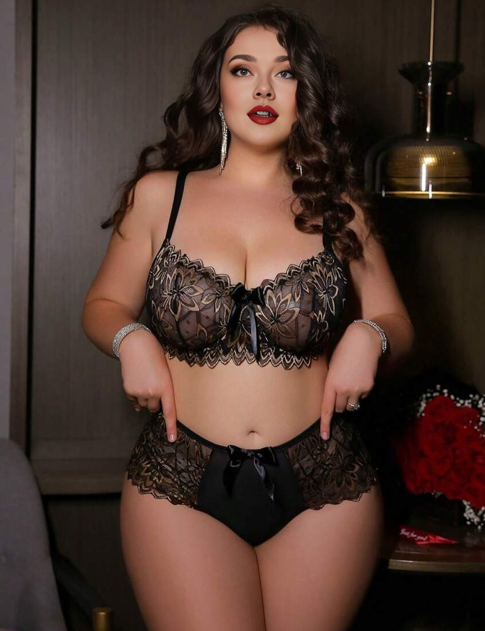 Women Plus Size Lace Patchwork Black Bra and Panty Sets