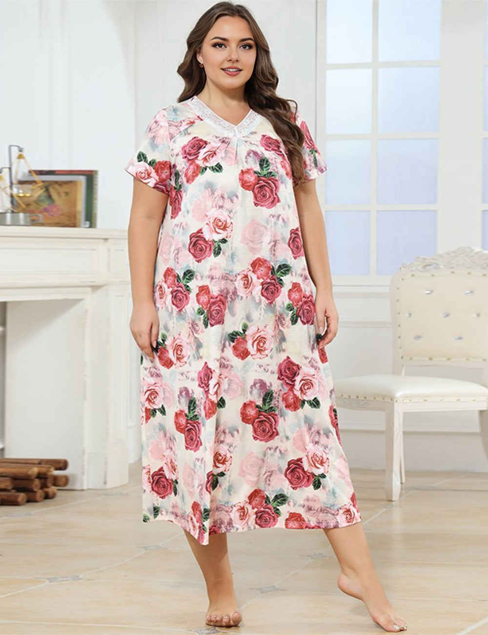 Women_Plus_Size_Lace_Patchwork_Floral_Print_Nightgown_PRUSES_1