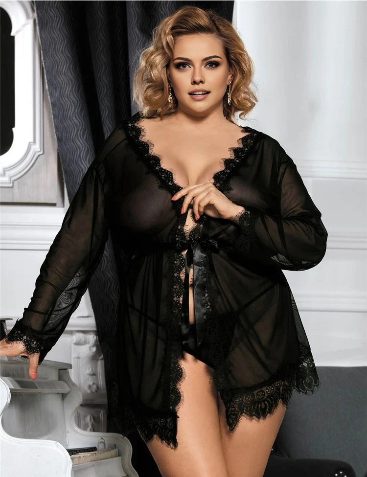 Women Plus Size Lace Sexy Robe Nightwear