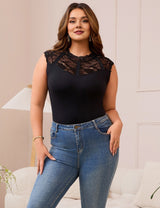 Women Plus Size Lace Sheer Sleeveless Bodysuit