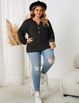 Women Plus Size Lace Stitching Black Knitted Long Sleeve Top