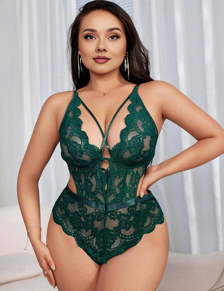 Women Plus Size Lace Strappy Cutout Bodysuit