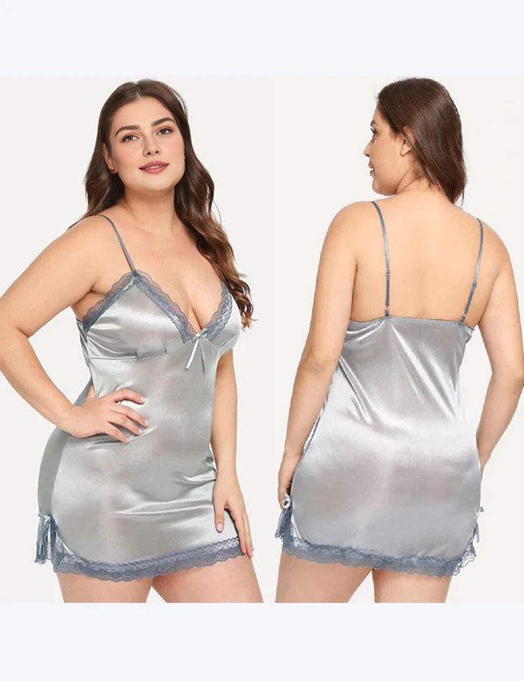 Women Plus Size Lace Suspender Silk-Like Babydoll