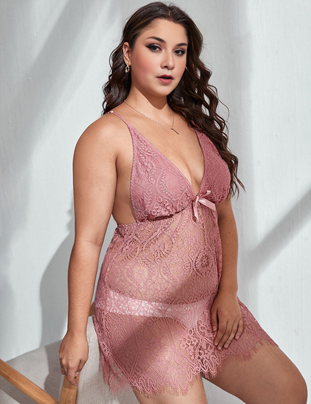 Women Plus Size Lace Transparent Nightgown-4