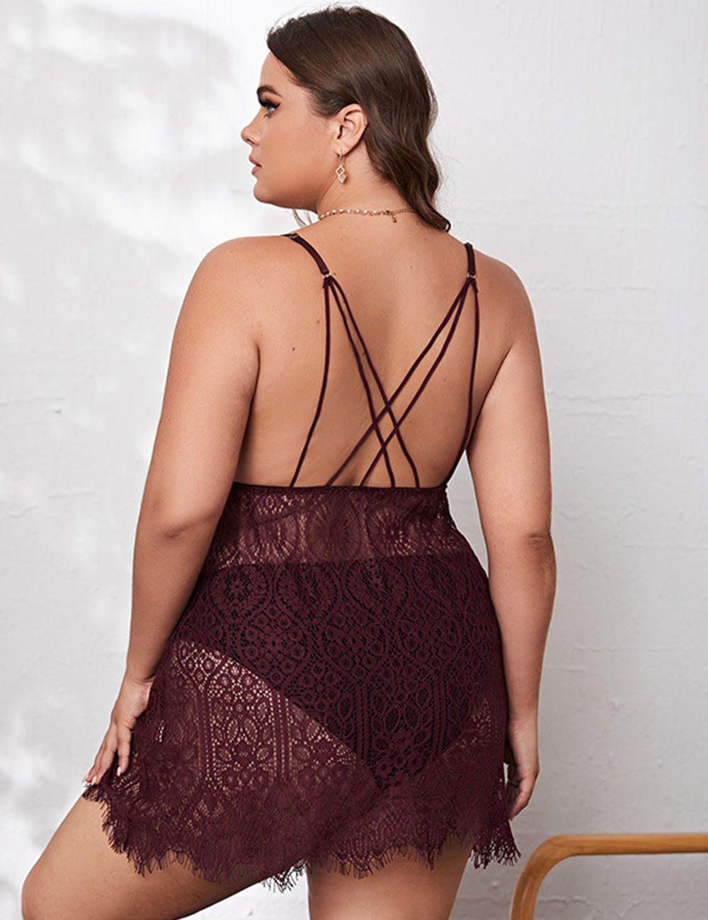 Women Plus Size Lace Transparent Nightgown-7