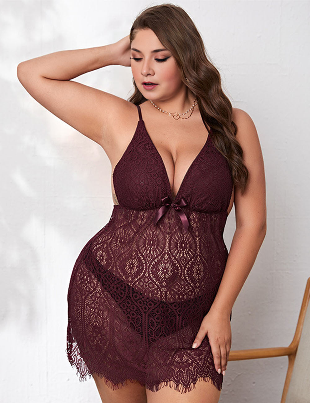 Women Plus Size Lace Transparent Nightgown-8