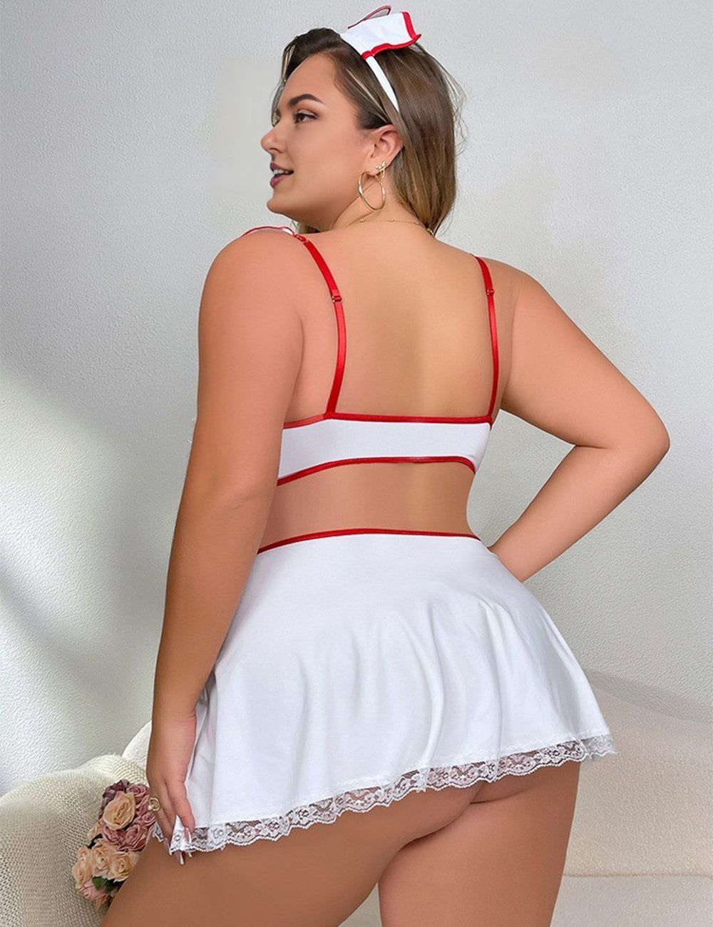 Women Plus Size Lace Trim Nurse Costume Babydoll