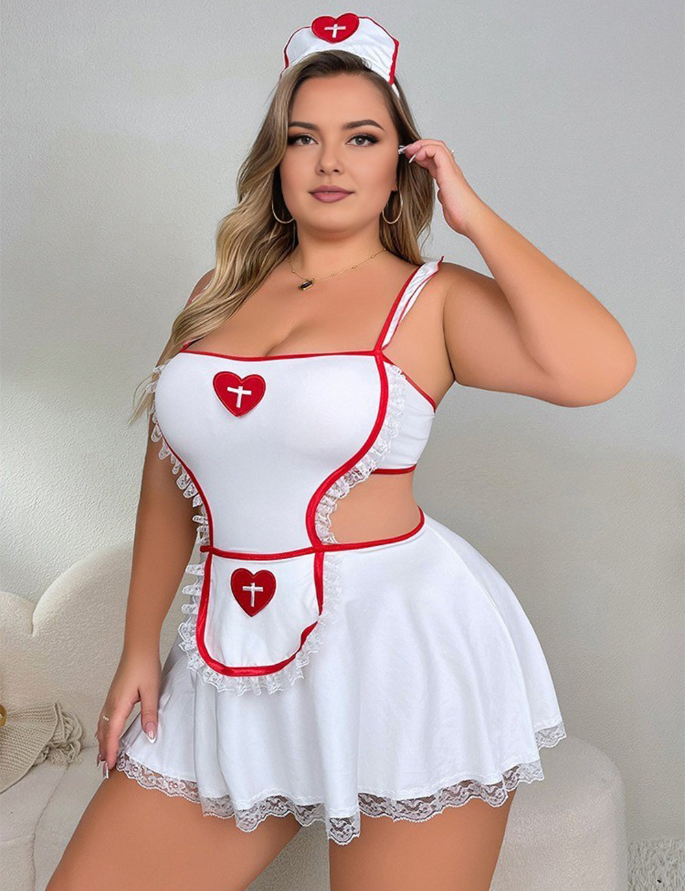 Women Plus Size Lace Trim Nurse Costume Babydoll