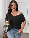 Women Plus Size Lace Trim V Neck Loose Fit T Shirt