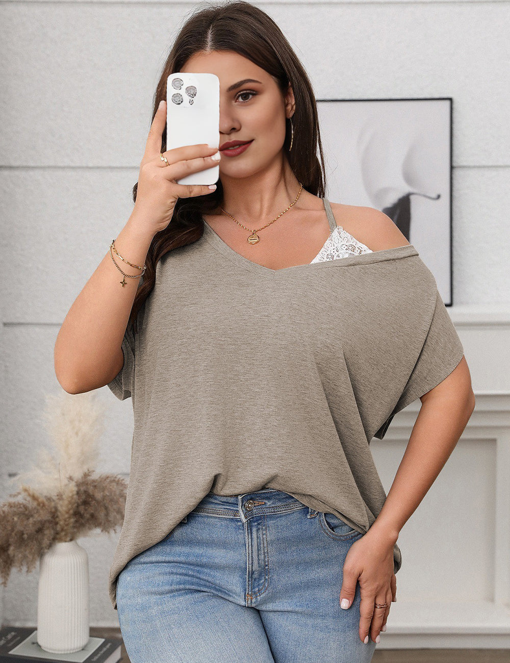 Women Plus Size Lace Trim V Neck Loose Fit T Shirt