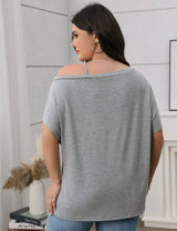 Women Plus Size Lace Trim V Neck Loose Fit T Shirt