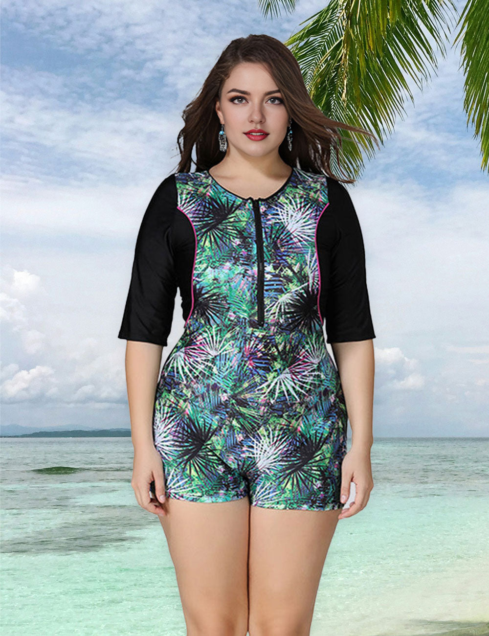 Women Plus Size Ladies One Piece Swimsuit Zipper Surf Swimsuit-4