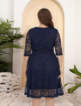 Women Plus Size Ladies Plus Size Round Neck Lace Dress-4