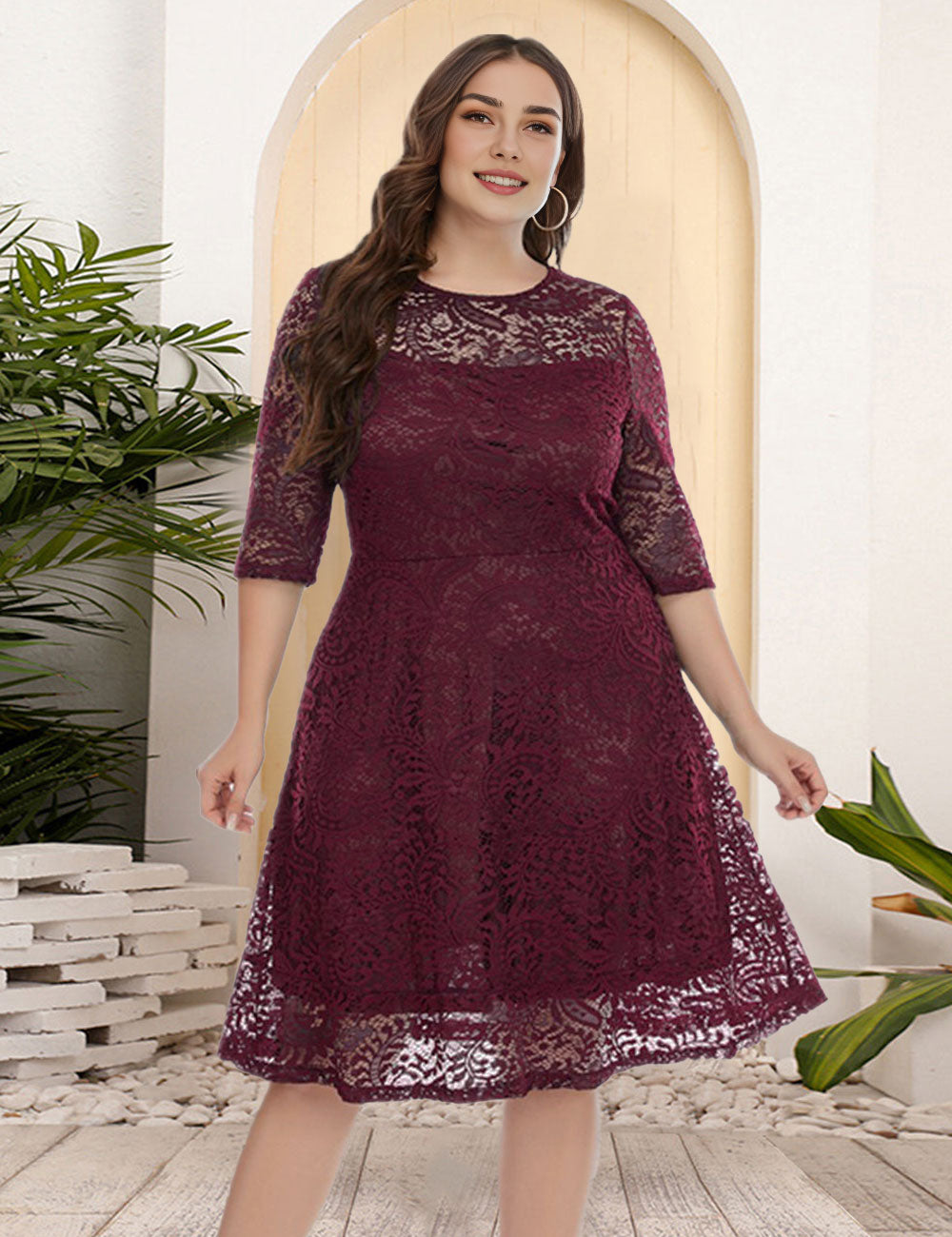 Women Plus Size Ladies Plus Size Round Neck Lace Dress