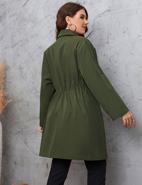 Women Plus Size Lapel Collar Roll-Tab Sleeve Trench Coat