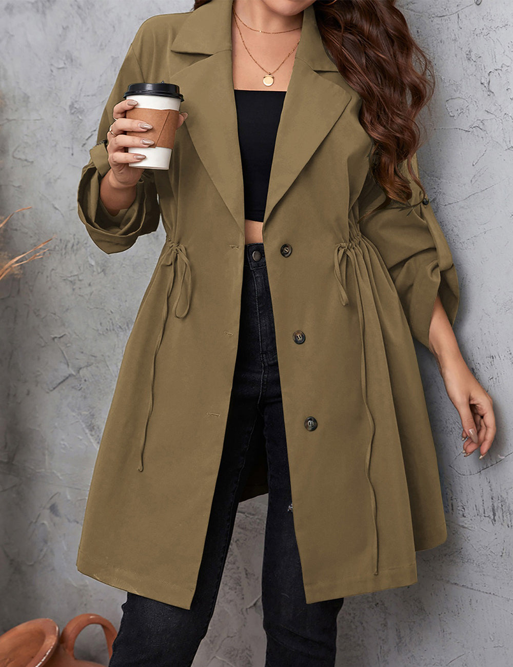 Women Plus Size Lapel Collar Roll-Tab Sleeve Trench Coat