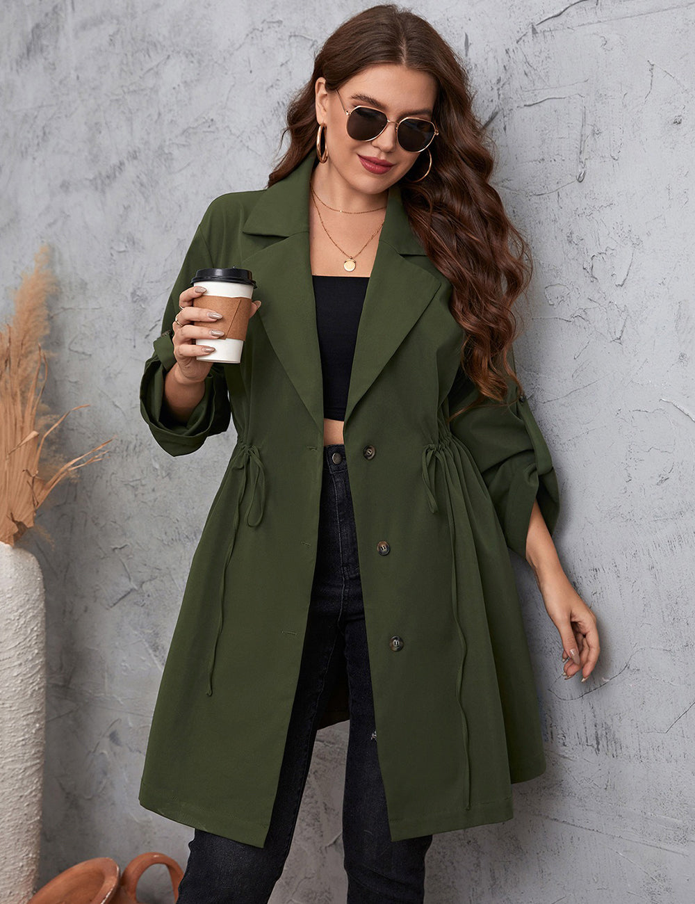 Women Plus Size Lapel Collar Roll-Tab Sleeve Trench Coat