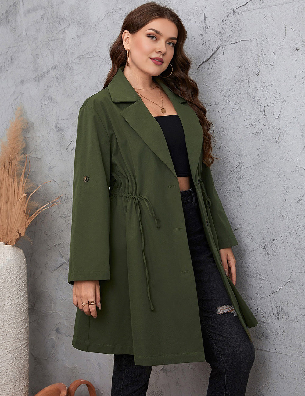 Women Plus Size Lapel Collar Roll-Tab Sleeve Trench Coat
