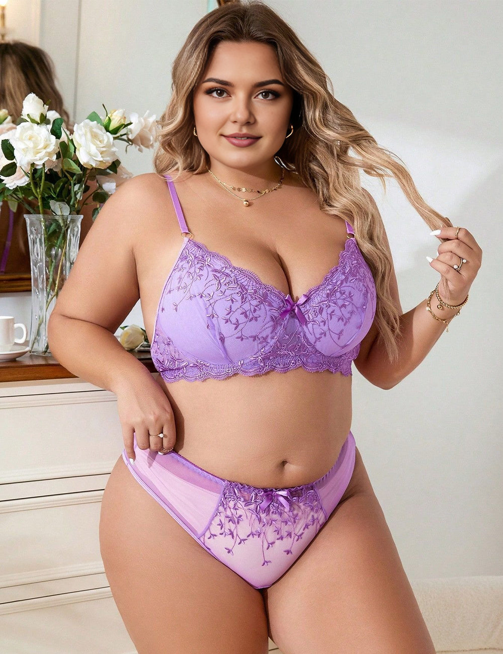 Women Plus Size Lavender Floral Embroidered Mesh Bra Set