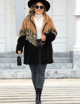 Women Plus Size Leopard Patchwork Zip-Up Hooded Coat