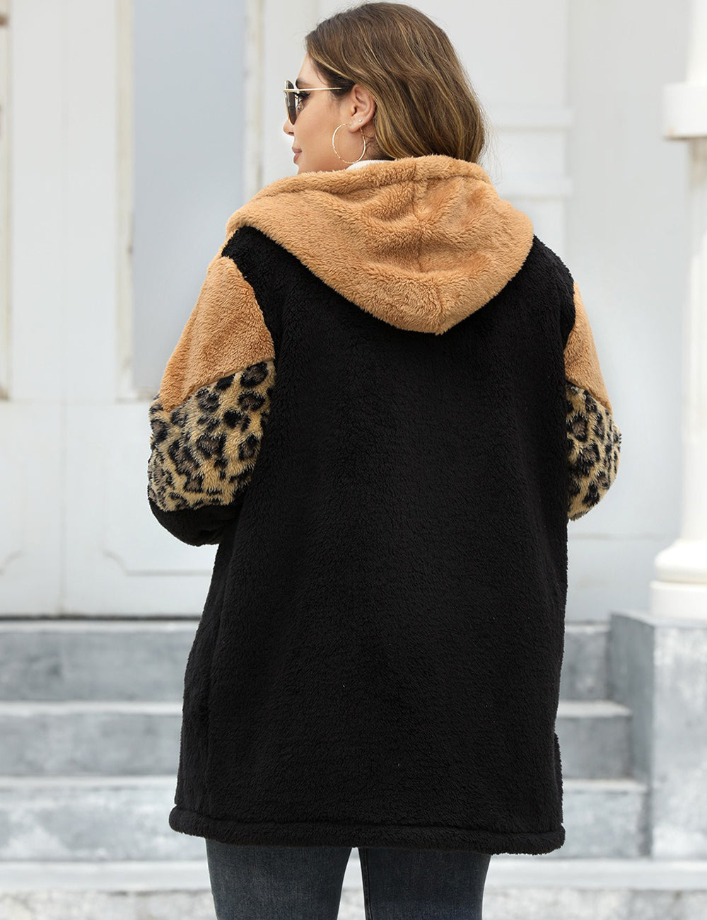 Women Plus Size Leopard Patchwork Zip-Up Hooded Coat