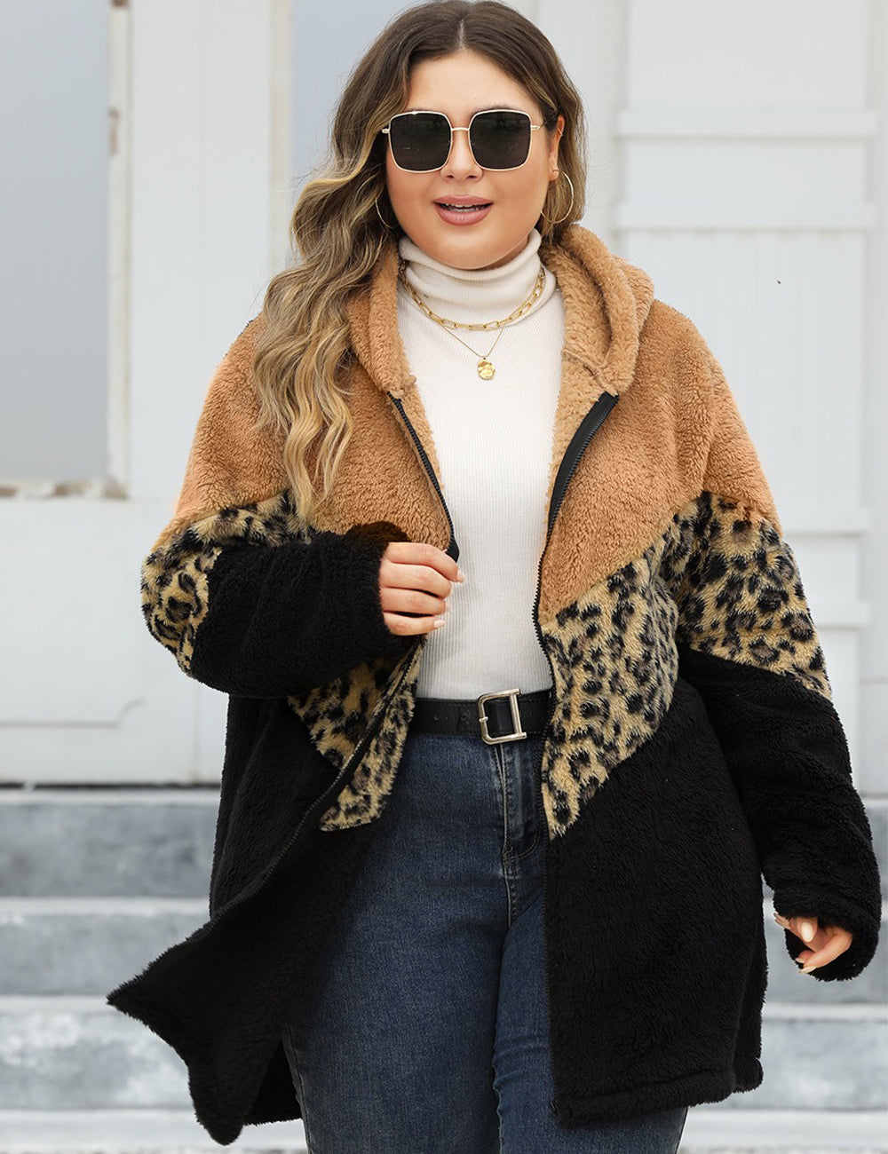 Women Plus Size Leopard Patchwork Zip-Up Hooded Coat