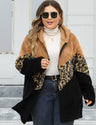 Women Plus Size Leopard Patchwork Zip-Up Hooded Coat