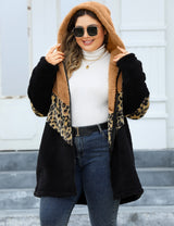 Women Plus Size Leopard Patchwork Zip-Up Hooded Coat