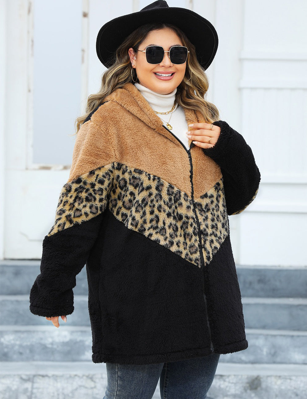 Women Plus Size Leopard Patchwork Zip-Up Hooded Coat