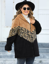 Women Plus Size Leopard Patchwork Zip-Up Hooded Coat