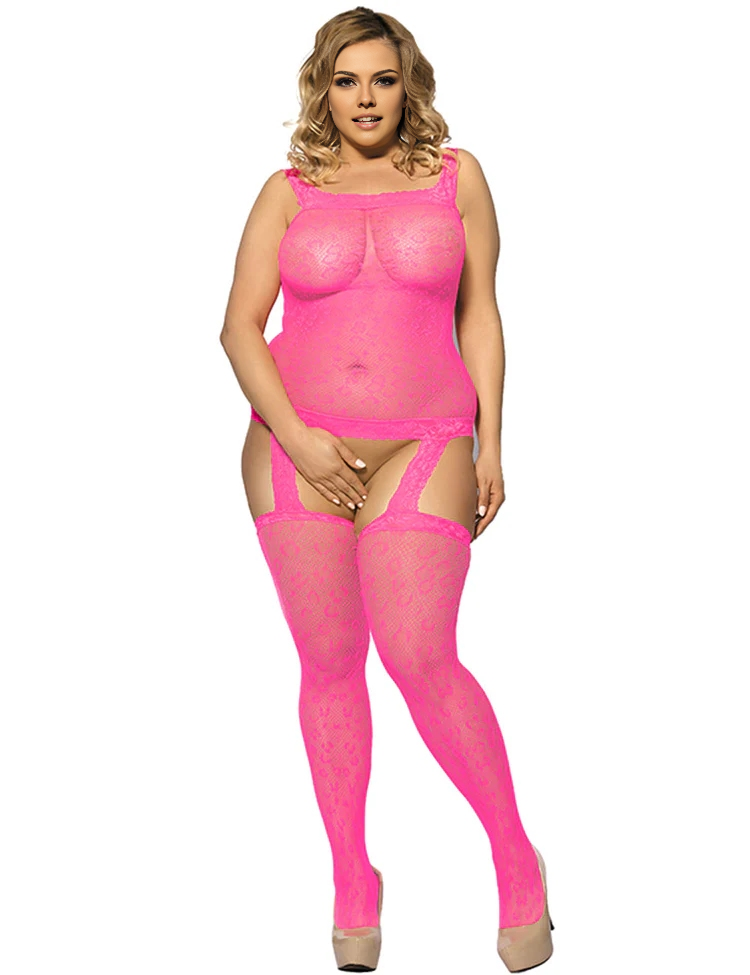 Women Plus Size Leopard Patterned Garter Pink Bodystocking