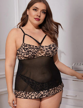 Women Plus Size Leopard Print Cutout Sexy Lace Babydoll