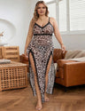 Women Plus Size Leopard Print Sheer Lace Split Nightgown