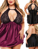 Women Plus Size Lingerie Lace Babydoll Sexy Chemise Nightie with Snap Crotch Teddy-3