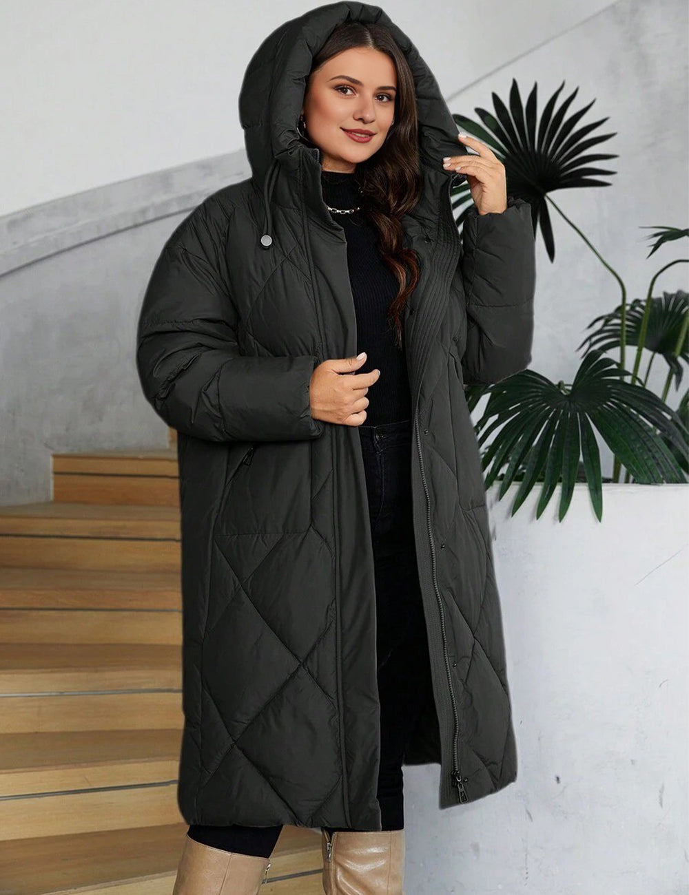 Women Plus Size Long Hooded Zip-Up Padded Coat