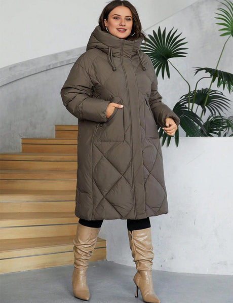 Women Plus Size Long Hooded Zip-Up Padded Coat