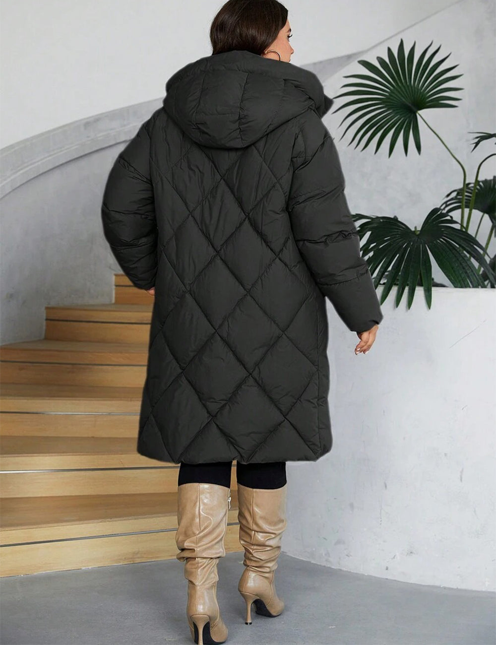 Women Plus Size Long Hooded Zip-Up Padded Coat