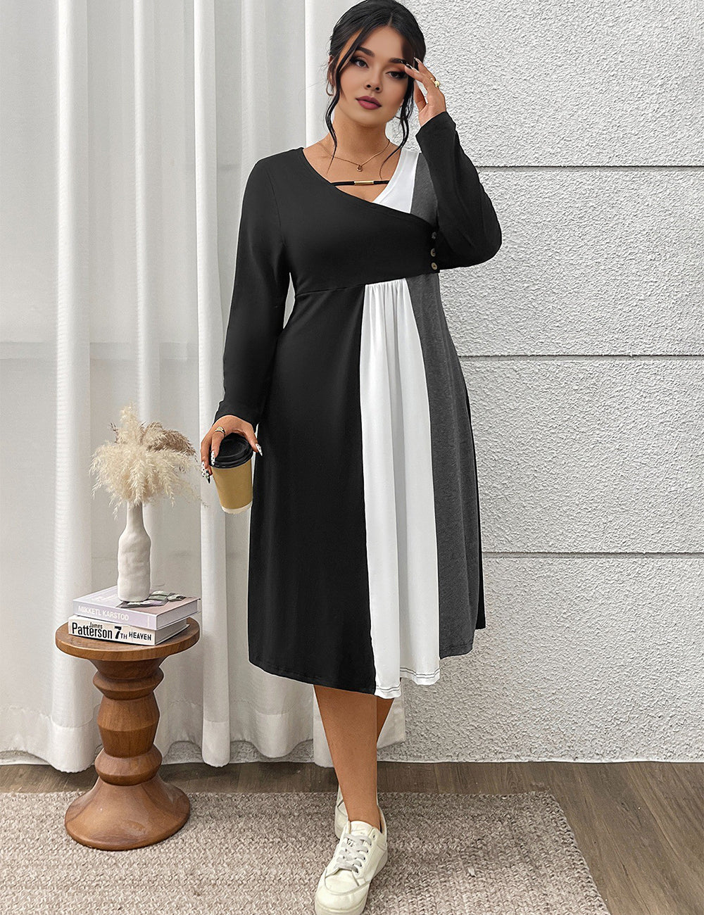 Women Plus Size Long Sleeve Color Block Midi Dress
