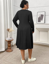 Women Plus Size Long Sleeve Color Block Midi Dress