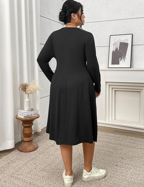 Women Plus Size Long Sleeve Color Block Midi Dress
